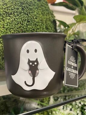 Halloween Ghost holding Black Cat Black & Orange  Diamond Ceramic Coffee Mug  N